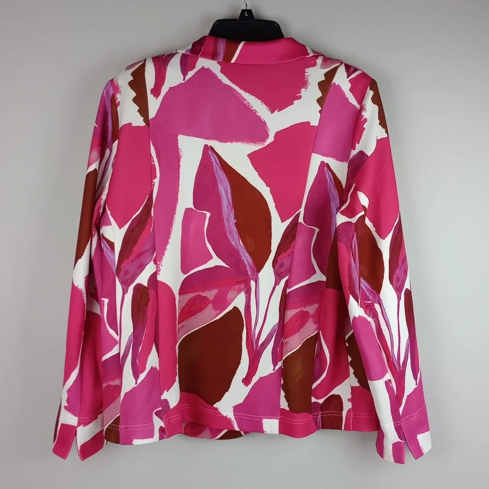 i'cona Womens 16 Pink Abstract Floral Print Stretch Zipper Pocket Blazer Jacket